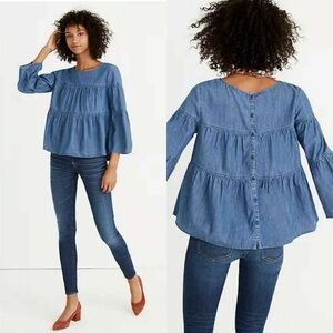 Madewell Tiered Hem Button Back Chambray Denim Top